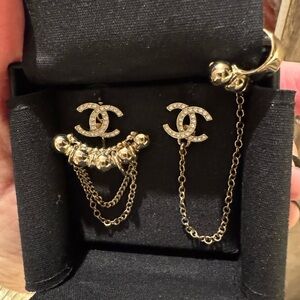 Chanel Gold Crystal Cuff Chain Earrings